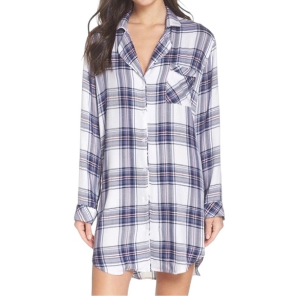 Rails Sleep Shirt White Sky Mauve Plaid Button Front Nightgown Blue/White Large - Picture 1 of 11